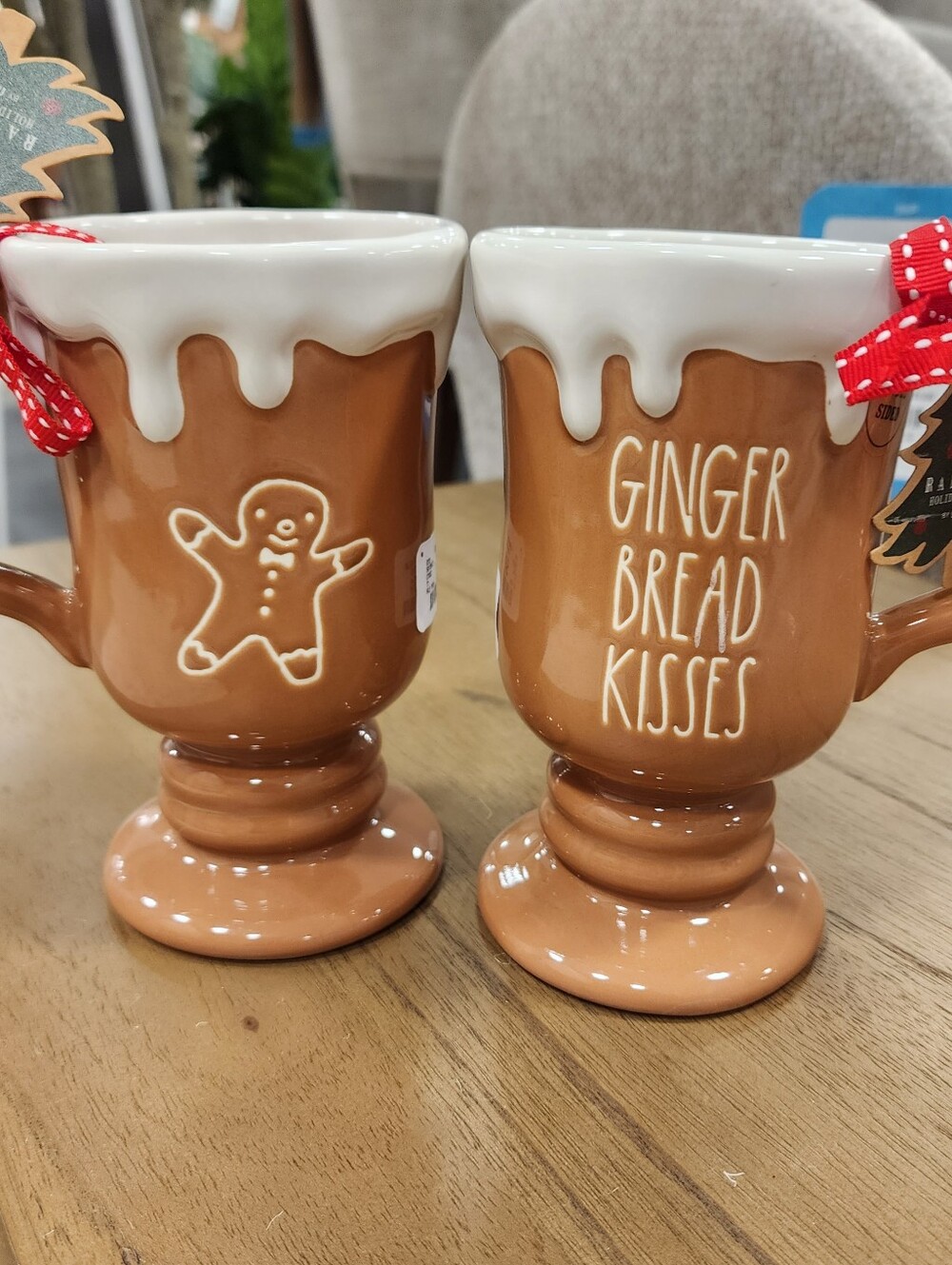 NEW !!!Gingerbread Kisses Ceramic Pedestal Mug - Brown Set Of 2